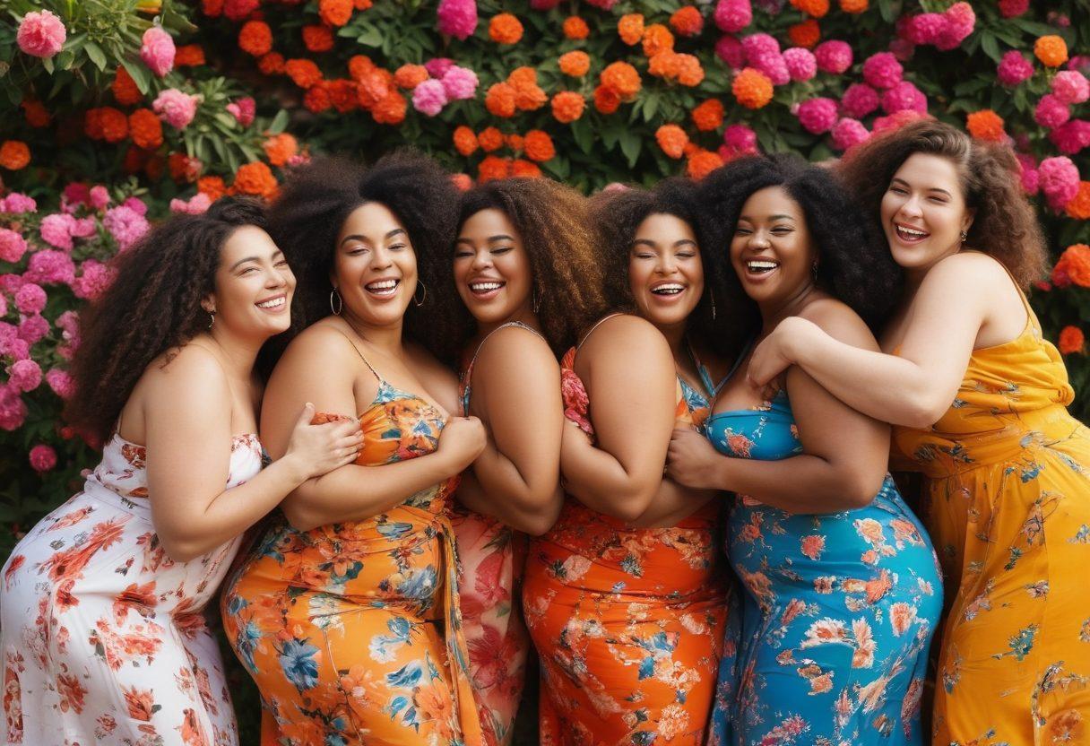 A vibrant and diverse group of women of all shapes and sizes embracing each other against a background of blossoming flowers, symbolizing body positivity and empowerment. They are laughing and sharing stories, with bold, colorful fabrics draping them, showcasing their curves confidently. Bright sunlight filters through the scene, creating a warm, inviting atmosphere. super-realistic. vibrant colors. soft-focus background.