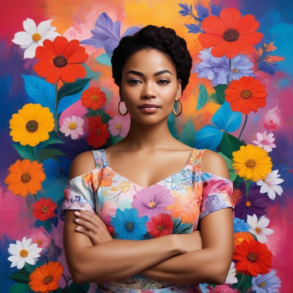 A powerful and confident woman standing tall with her arms crossed, surrounded by diverse symbols of female empowerment such as flowers, books, and abstract art representing conversations. The background features a colorful, abstract mural that challenges stereotypes, with soft, inspirational quotes woven throughout. The atmosphere is vibrant and uplifting, symbolizing strength and confidence. super-realistic. vibrant colors. dynamic composition.