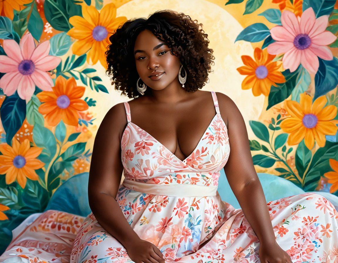 A radiant woman confidently showcasing her curves in a warm, inviting environment. Surround her with soft floral patterns symbolizing self-love, while gentle rays of sunlight illuminate her figure. Emphasize body positivity with diverse representations of beauty, focusing on cleavage and natural shapes. Incorporate a cozy, pastel backdrop to evoke intimacy and comfort. painting. vibrant colors. soft focus.